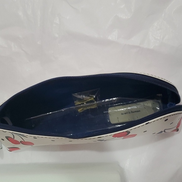 Kate Spade 4pc white‎ & blue polka-dot cherry print pencil case & accessories - Picture 9 of 11